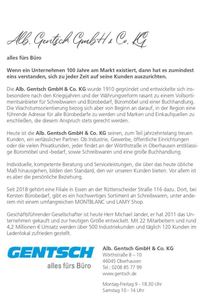 Ein Schreiben von GENTSCH GmbH, das Informationen und eine Einladung zum Besuch enthält.