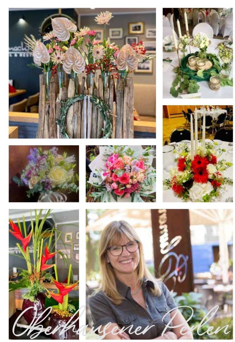 Blumenarrangements und eine lächelnde Frau in einem eleganten Laden.