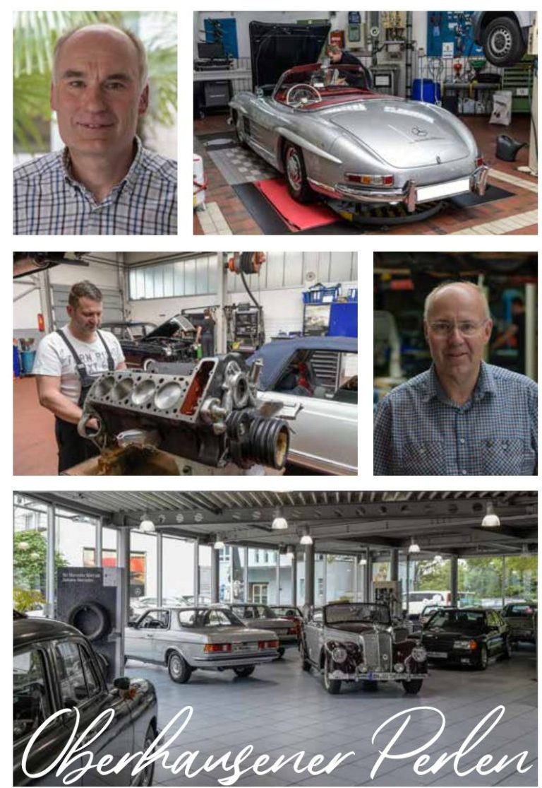 Ein Autowerkstatt mit mehreren Oldtimern und Mechanikern bei der Arbeit.