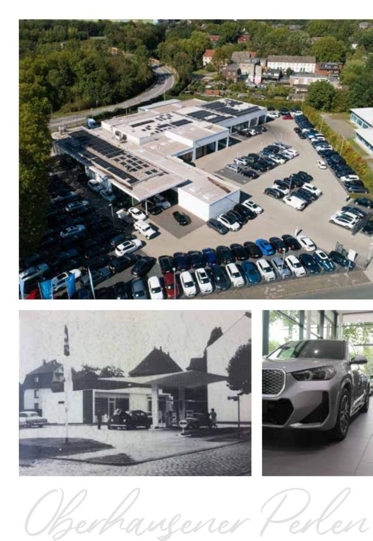 Luftaufnahme eines Autohauses mit Fahrzeugen und historischem Bild eines alten Bistros.