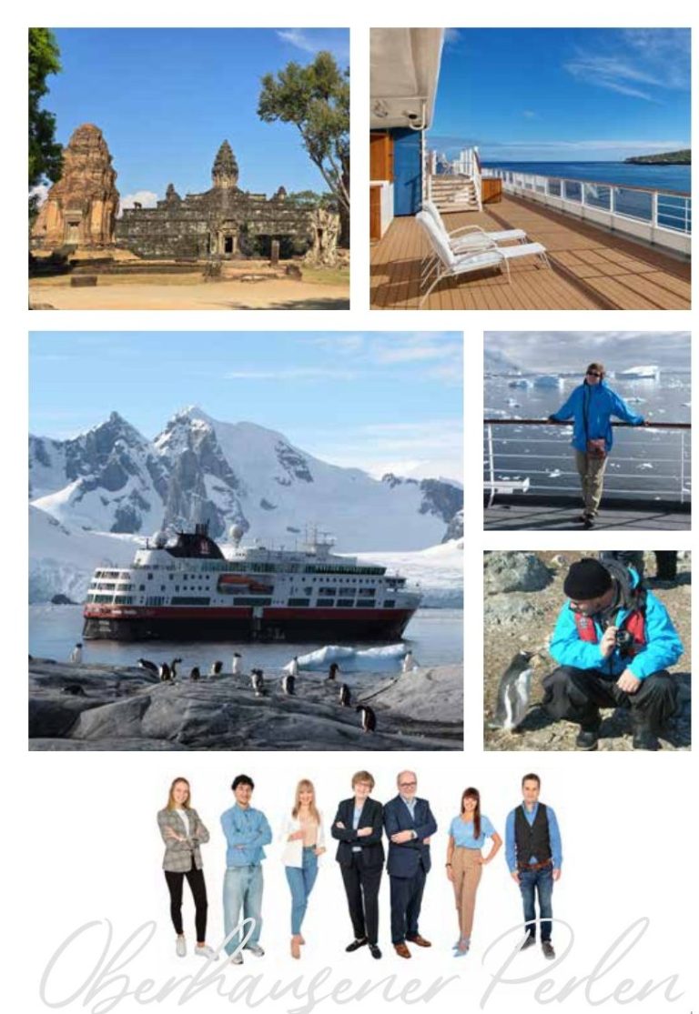 Verschiedene Reisewelten: Tempel, Antarktis, Kreuzfahrtschiff 