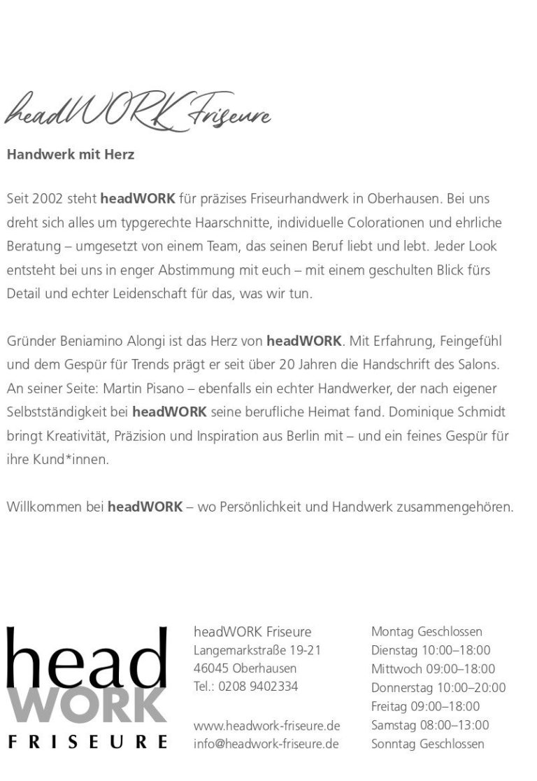Logo und Text von "headWORK", Informationen zu Dienstleistungen und Kontaktmöglichkeiten.